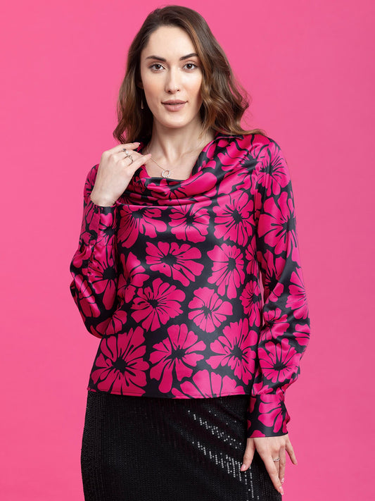 Satin Floral Print Top - Black and Pink