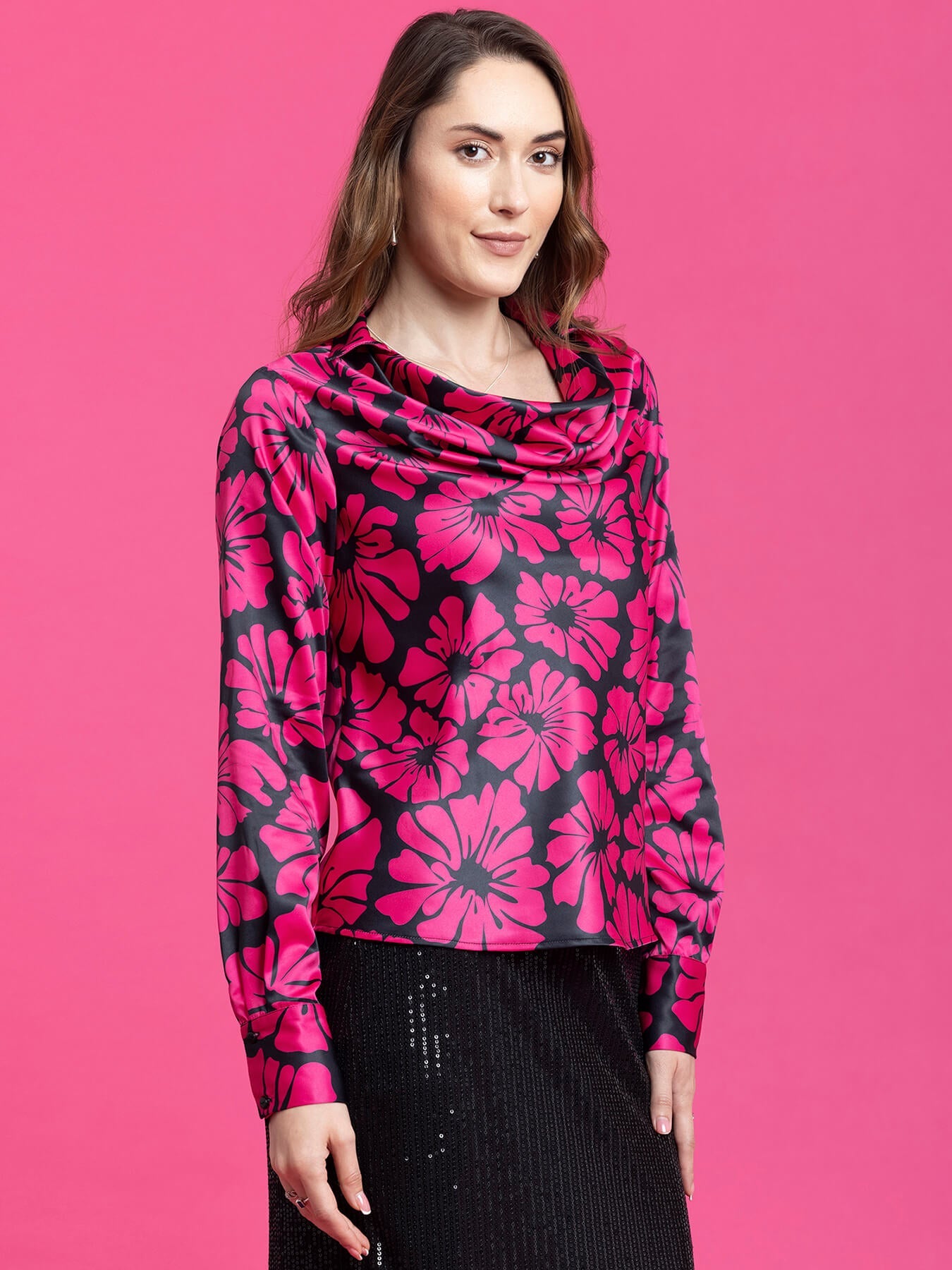 Satin Floral Print Top - Black and Pink