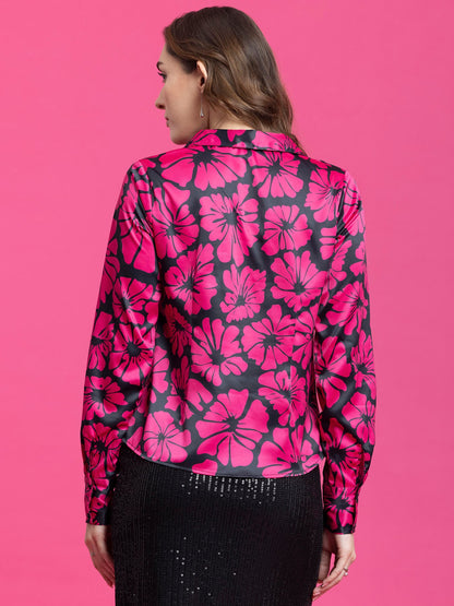 Satin Floral Print Top - Black and Pink