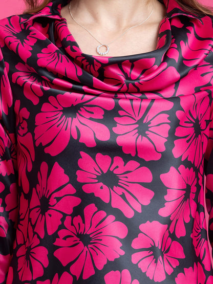Satin Floral Print Top - Black and Pink