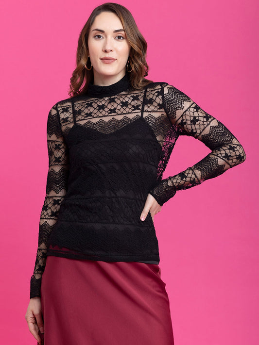 Ruched Neck Lace Top - Black