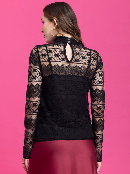 Ruched Neck Lace Top - Black