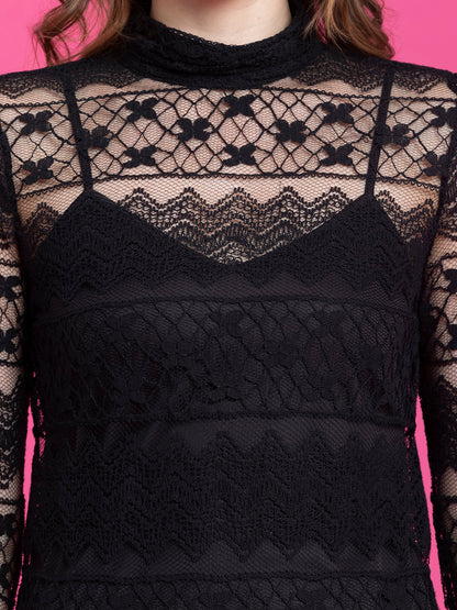 Ruched Neck Lace Top - Black