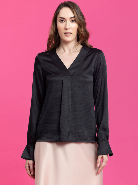 Satin Front Pleat Detail Top - Black
