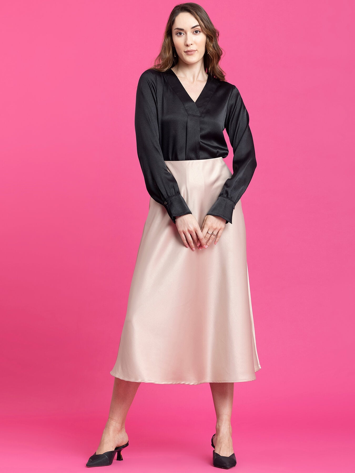 Satin Front Pleat Detail Top - Black