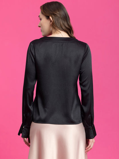 Satin Front Pleat Detail Top - Black