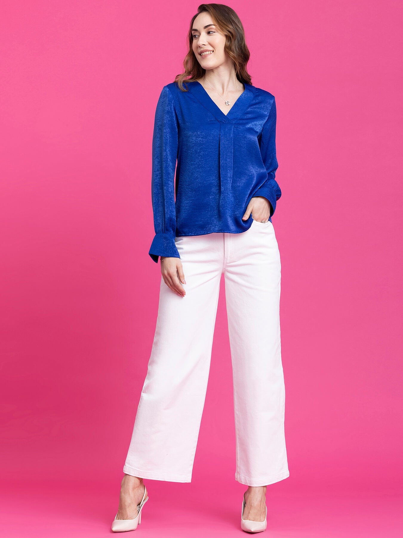 Satin Front Pleat Detail Top - Royal Blue