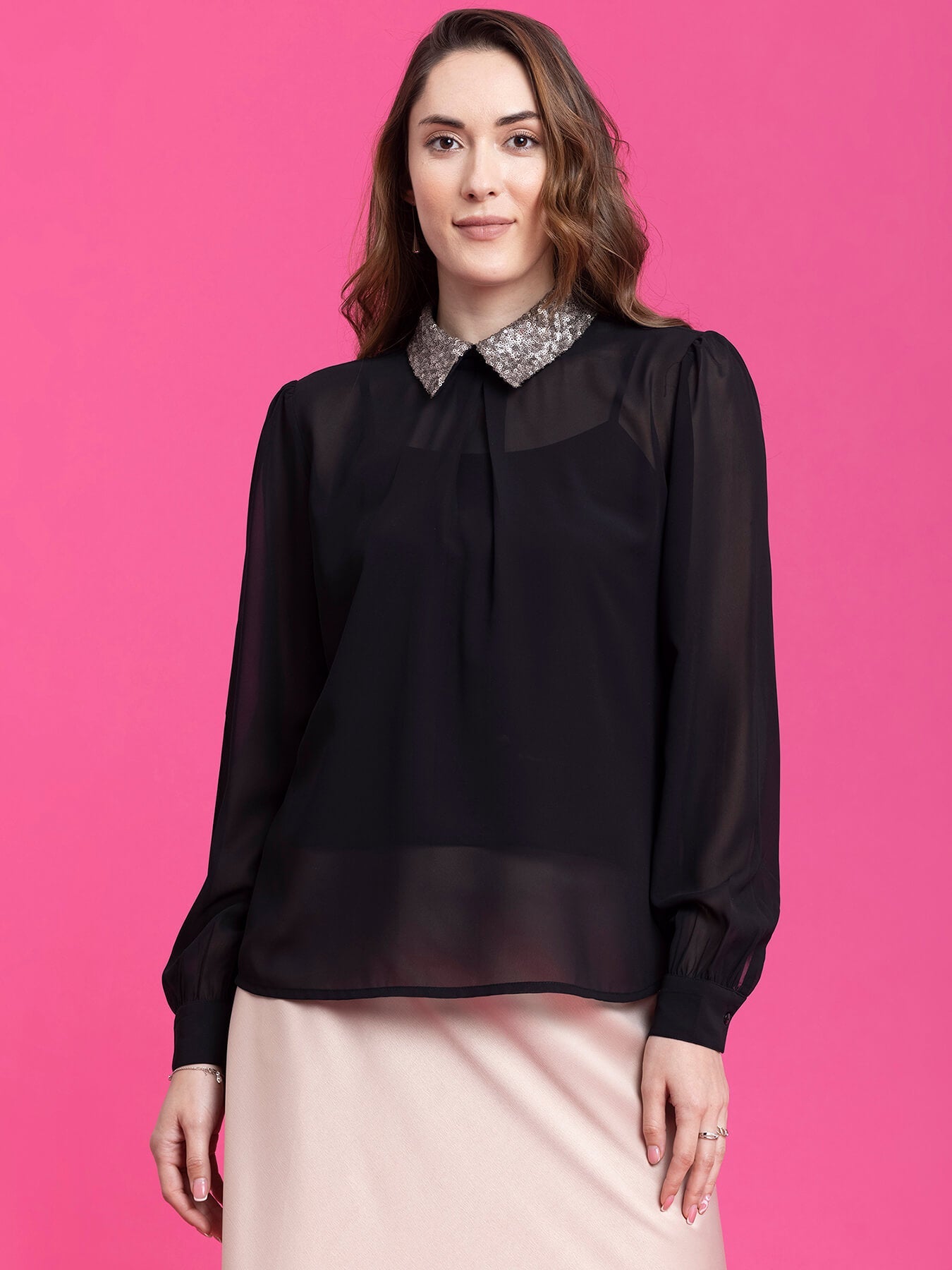 Sequin Collared Detail Top - Black and Gold