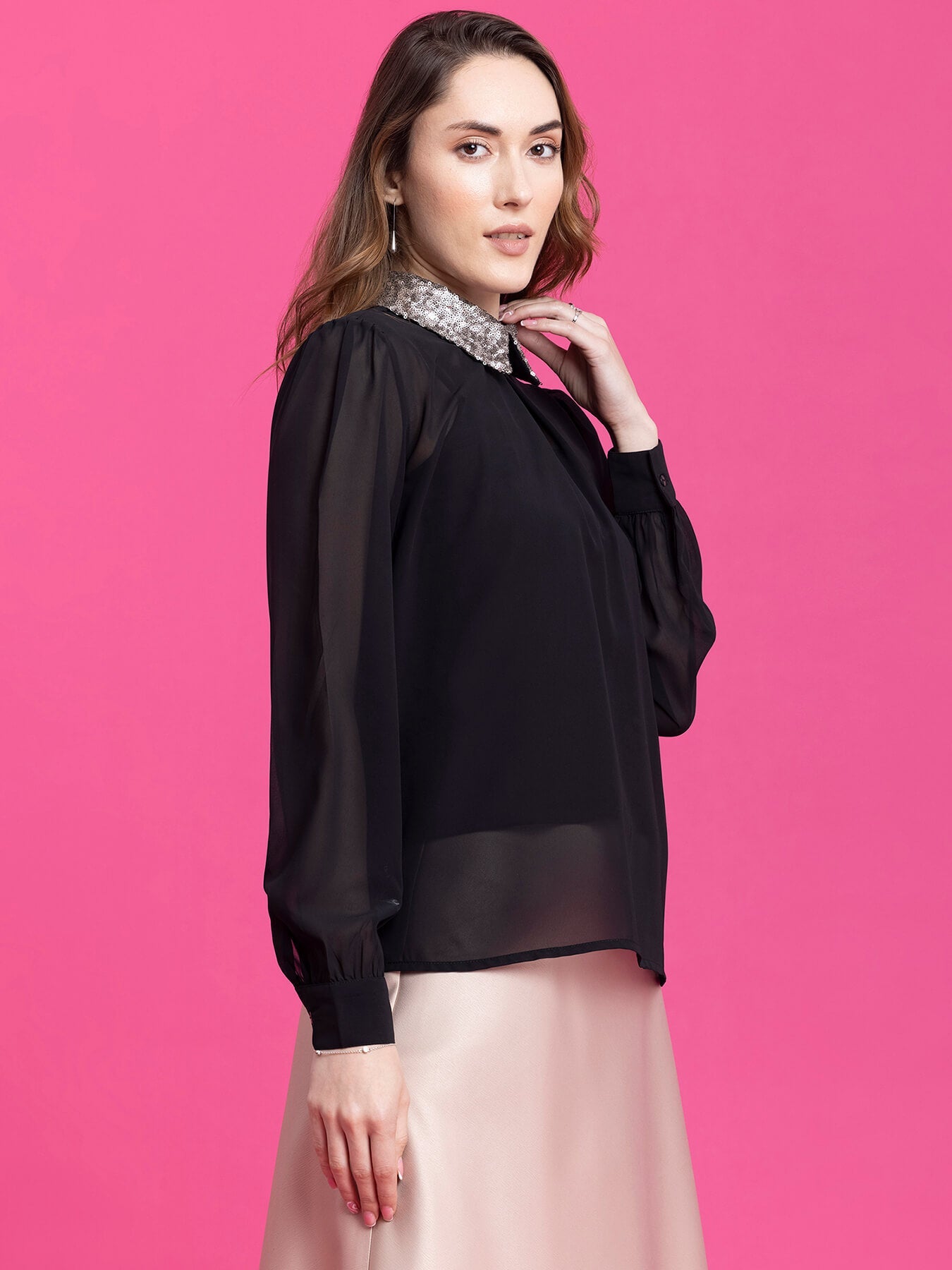 Sequin Collared Detail Top - Black and Gold