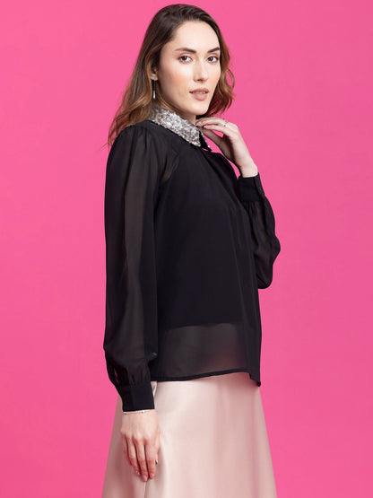 Sequin Collared Detail Top - Black and Gold