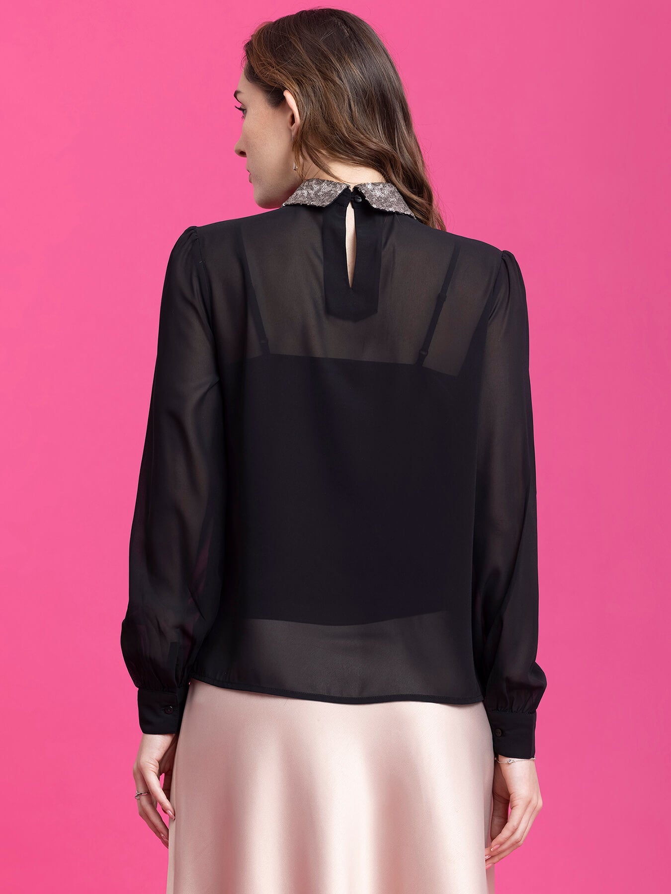 Sequin Collared Detail Top - Black and Gold