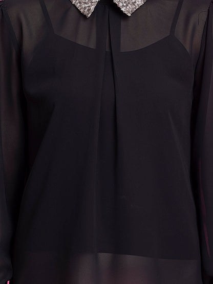Sequin Collared Detail Top - Black and Gold