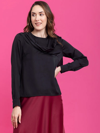 Satin Drape Detail Top - Black