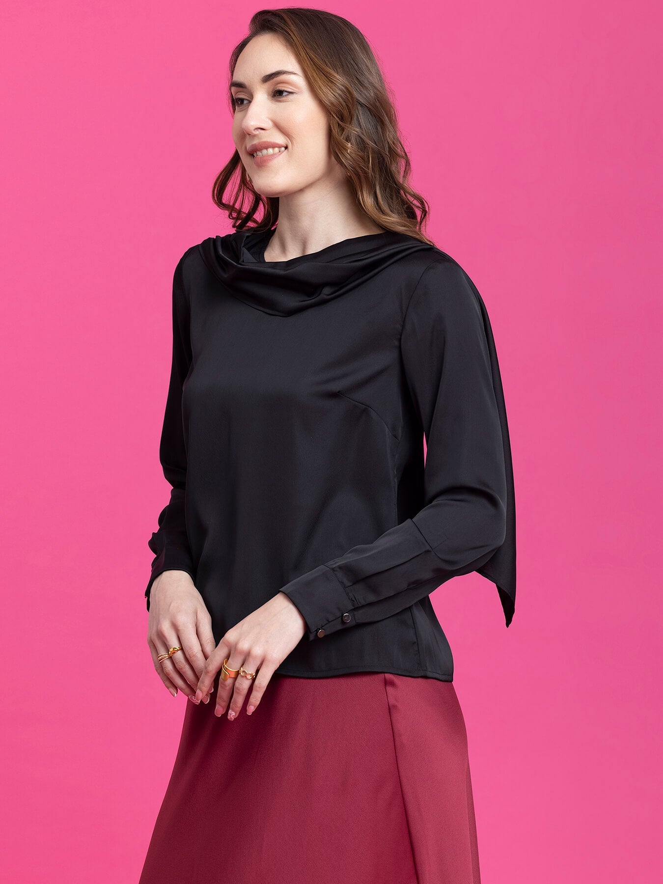 Satin Drape Detail Top - Black