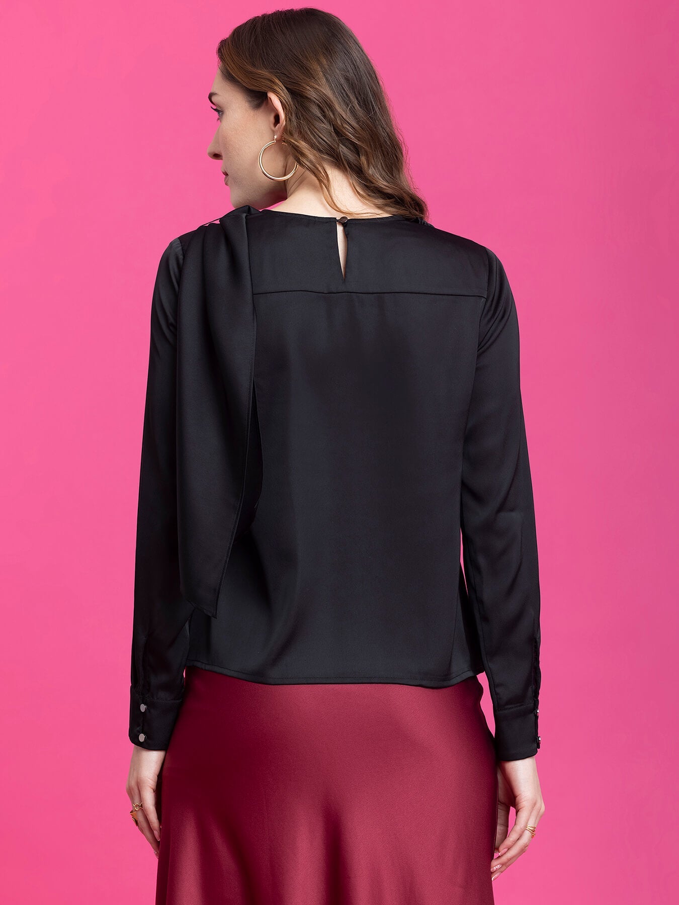 Satin Drape Detail Top - Black