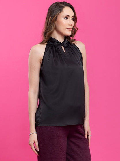 Satin Knot Detail Top - Black