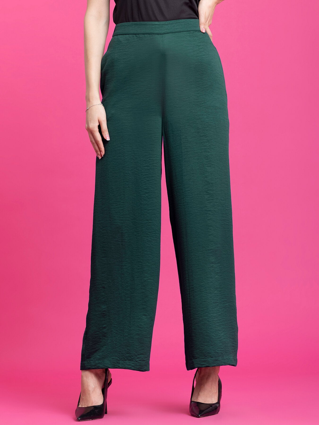 Satin Wide Legged Trousers - Green