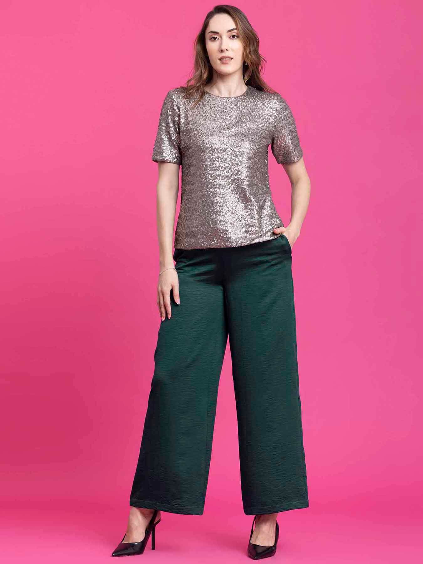 Satin Wide Legged Trousers - Green