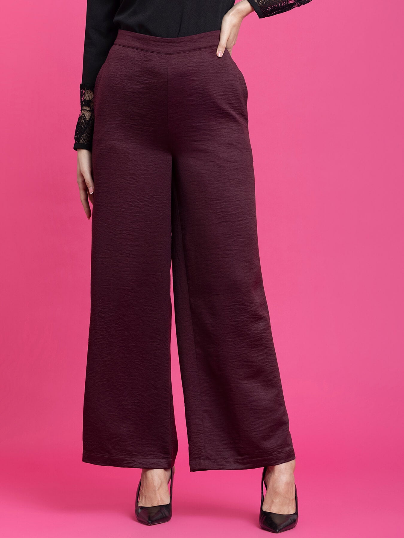 Satin Wide Legged Trousers - Maroon