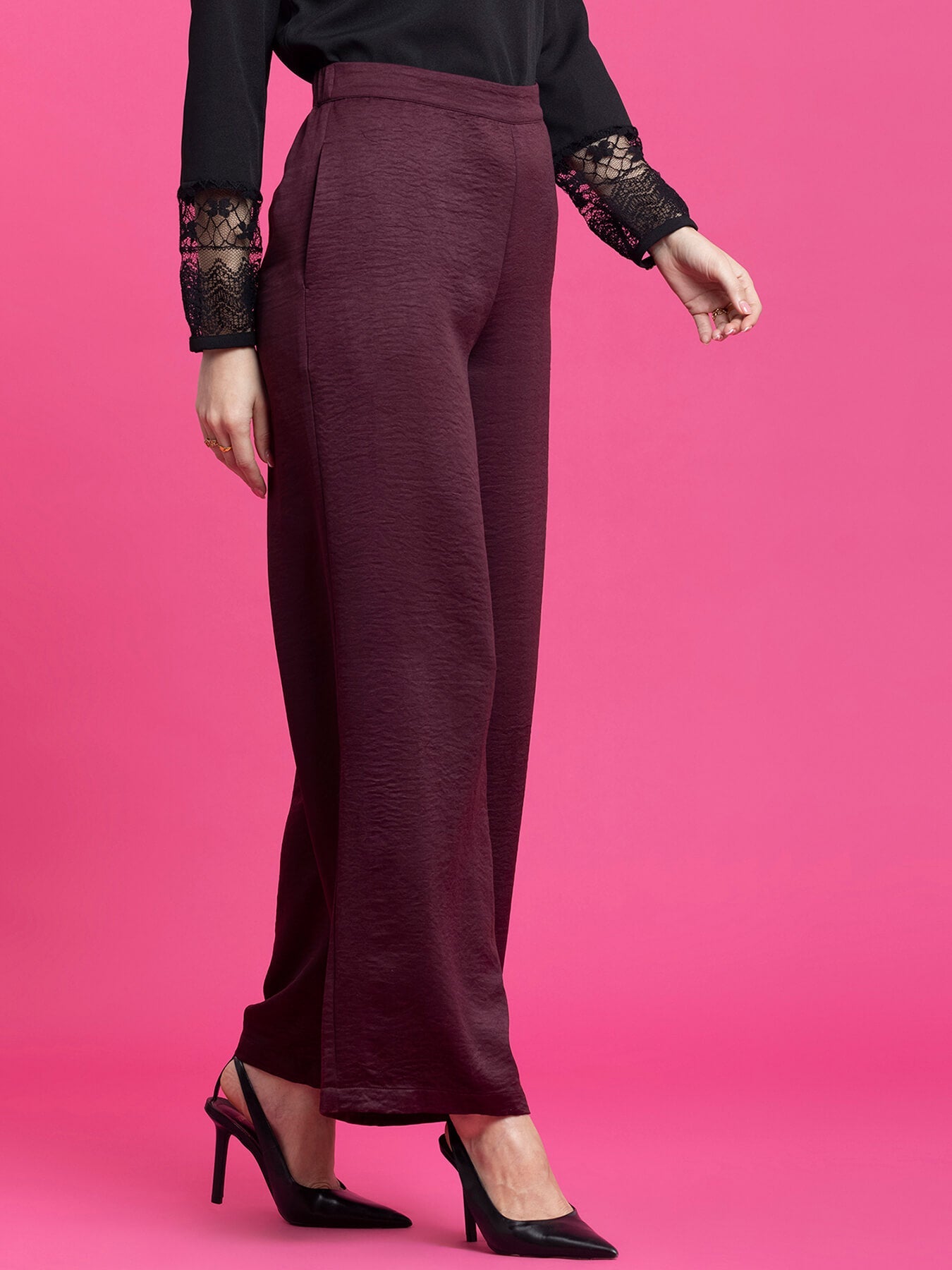 Satin Wide Legged Trousers - Maroon