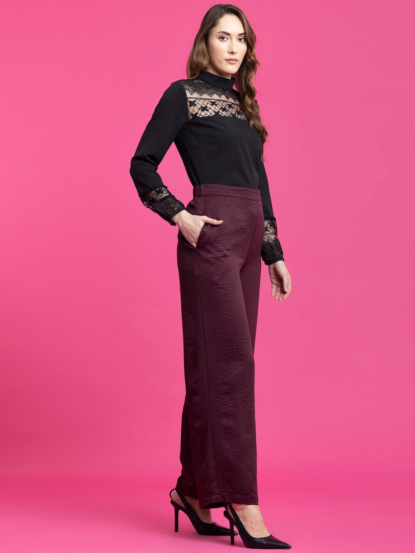 Satin Wide Legged Trousers - Maroon