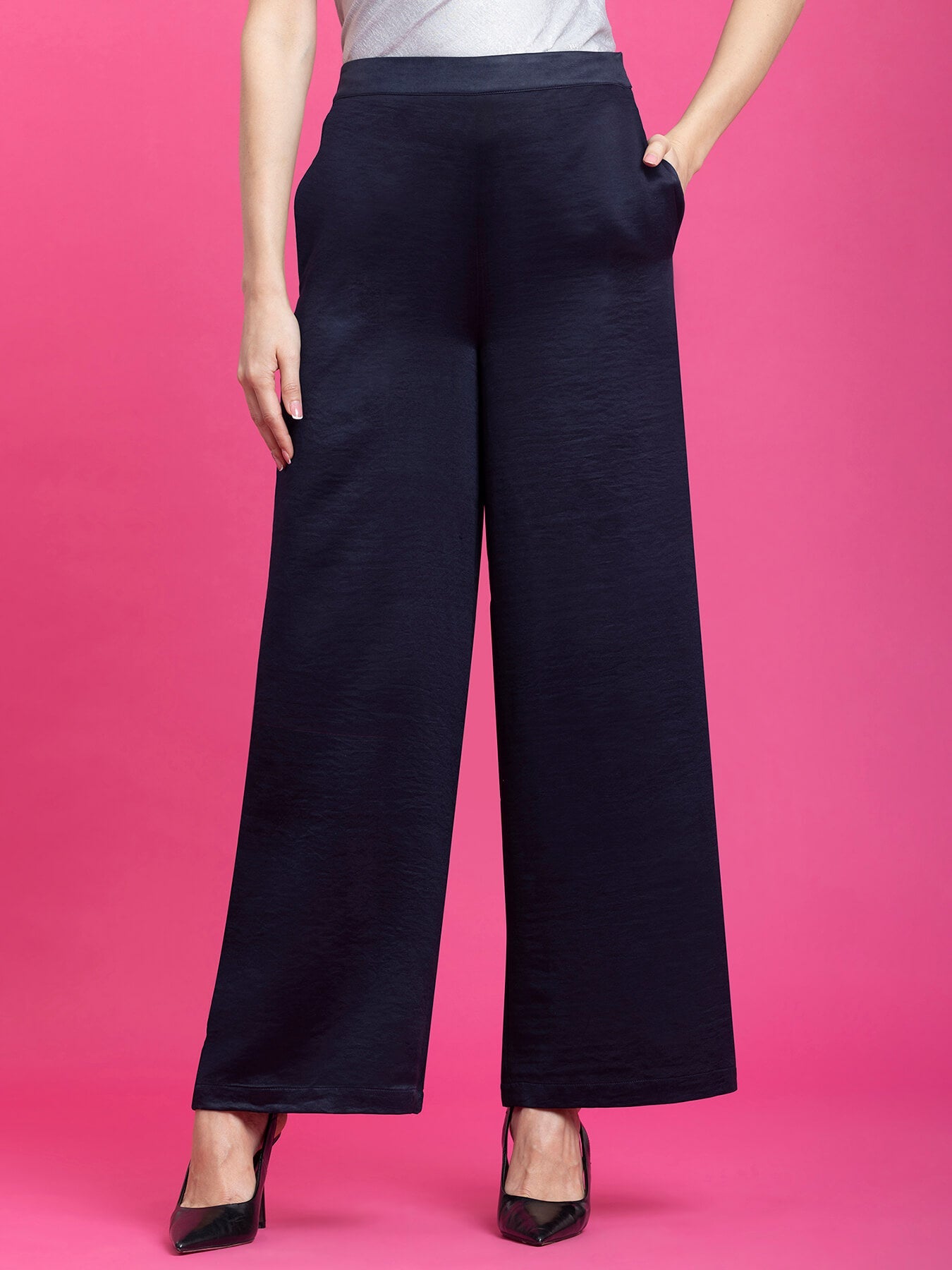 Satin Wide Legged Trousers - Navy