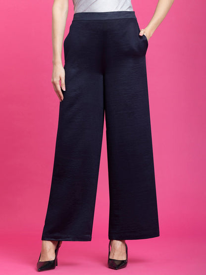 Satin Wide Legged Trousers - Navy
