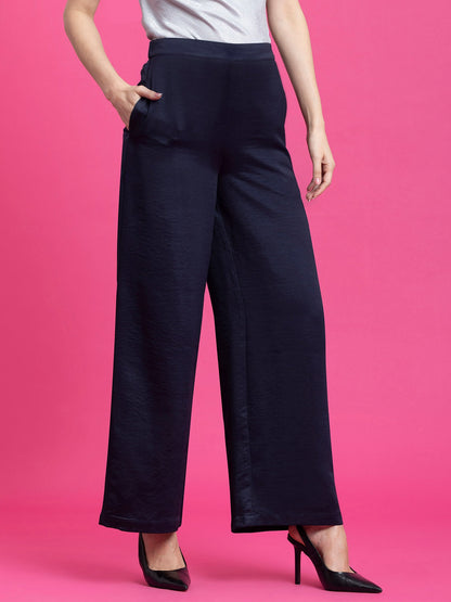 Satin Wide Legged Trousers - Navy