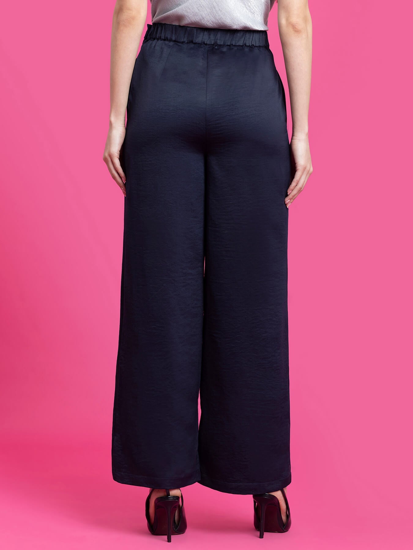 Satin Wide Legged Trousers - Navy