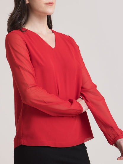 V Neck Gather Detail Top - Red