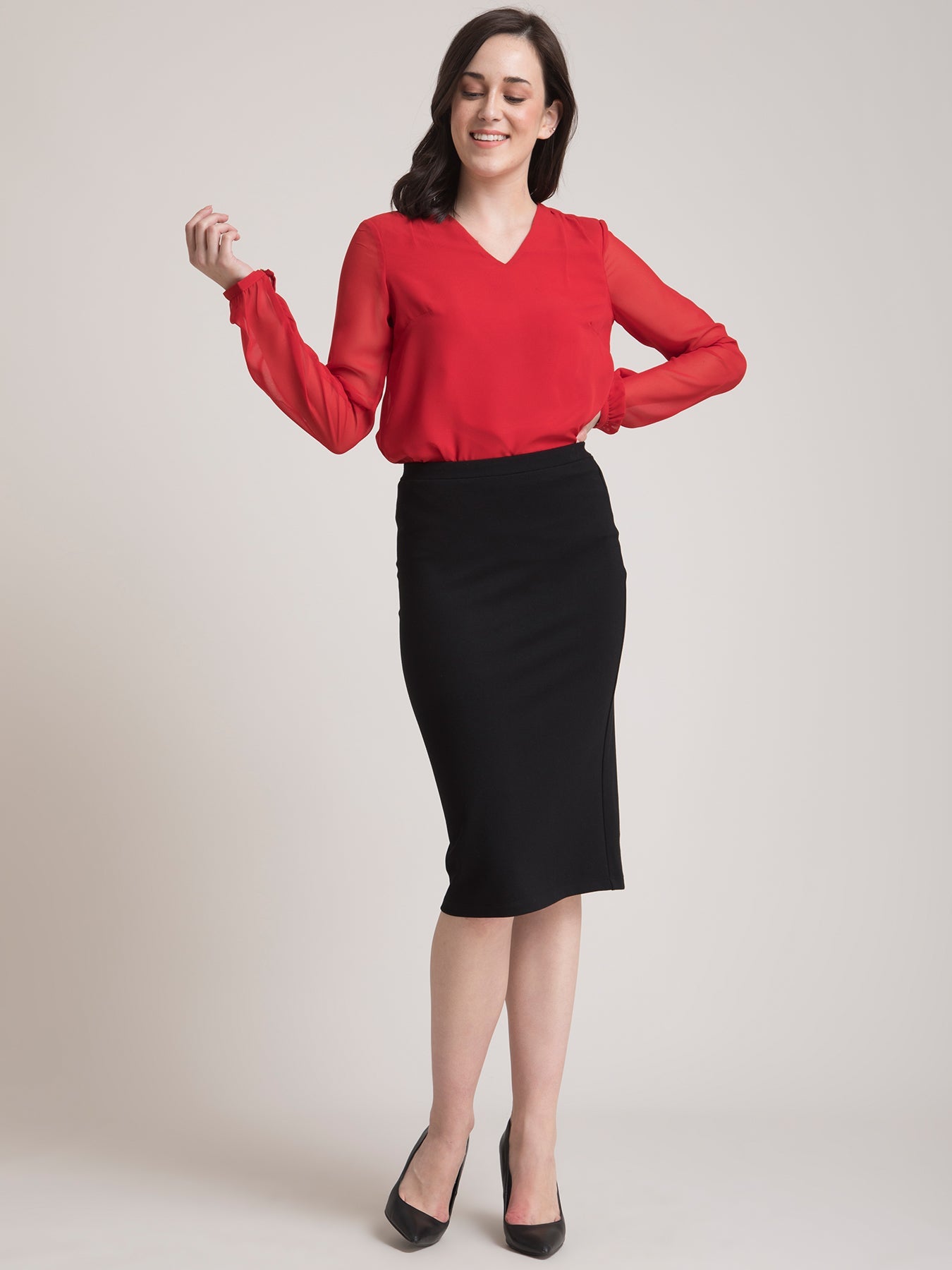 V Neck Gather Detail Top - Red