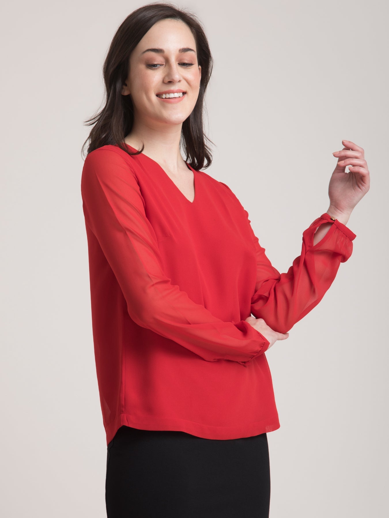V Neck Gather Detail Top - Red