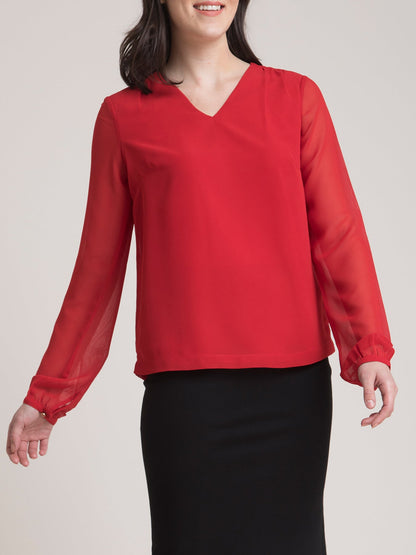 V Neck Gather Detail Top - Red