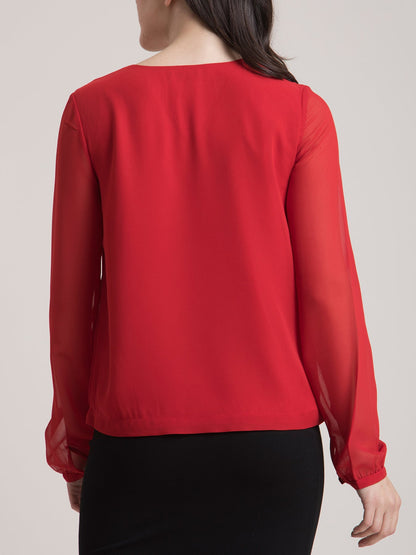 V Neck Gather Detail Top - Red
