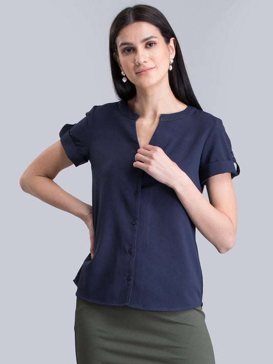 V Neck Short Sleeve Top - Navy