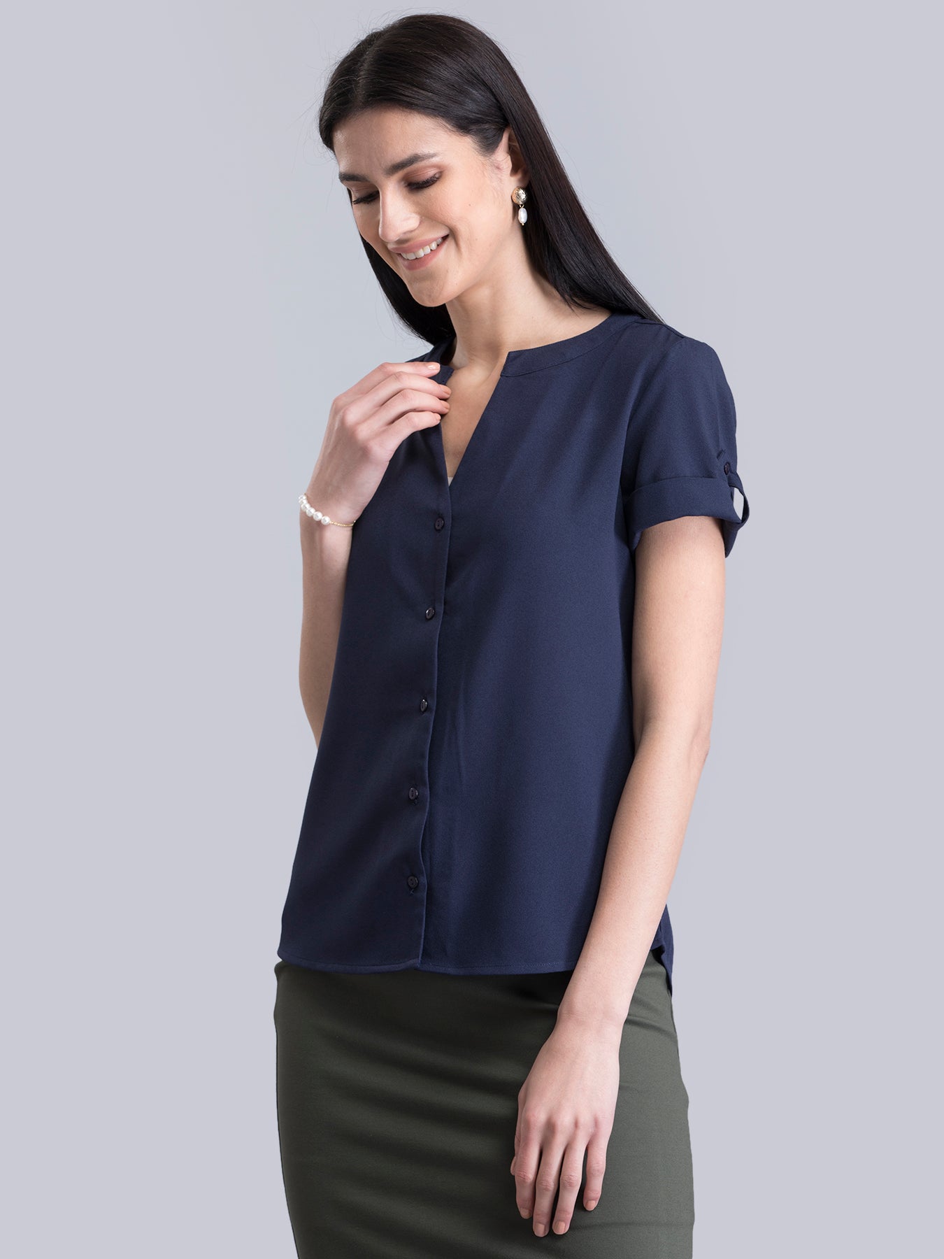 V Neck Short Sleeve Top - Navy