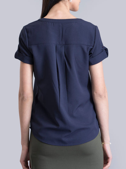 V Neck Short Sleeve Top - Navy