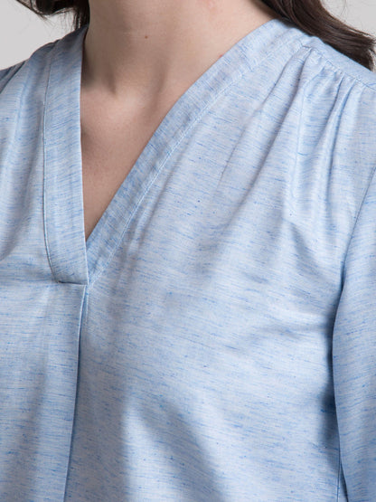 V Neck Textured Pleated Top - Blue
