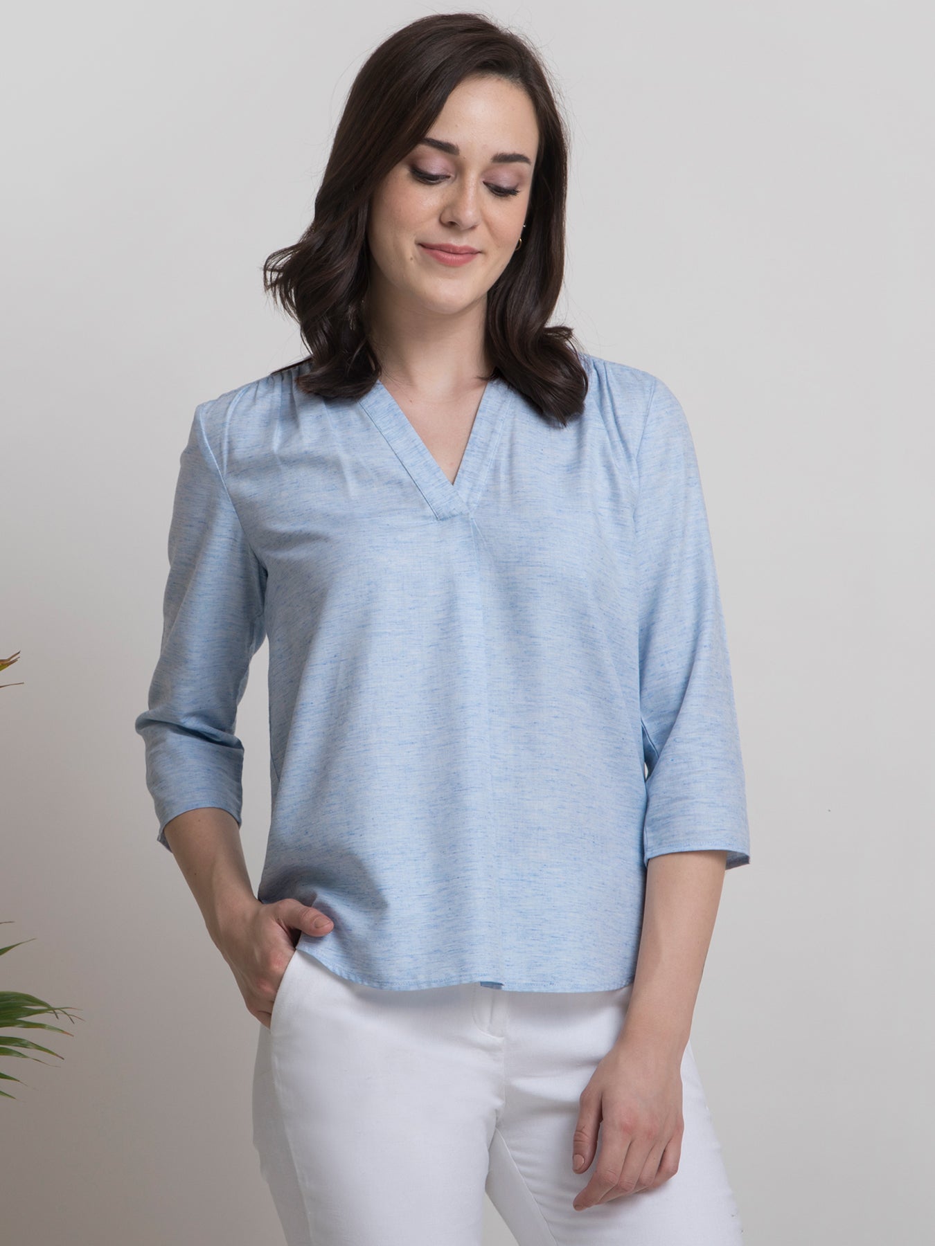 V Neck Textured Pleated Top - Blue