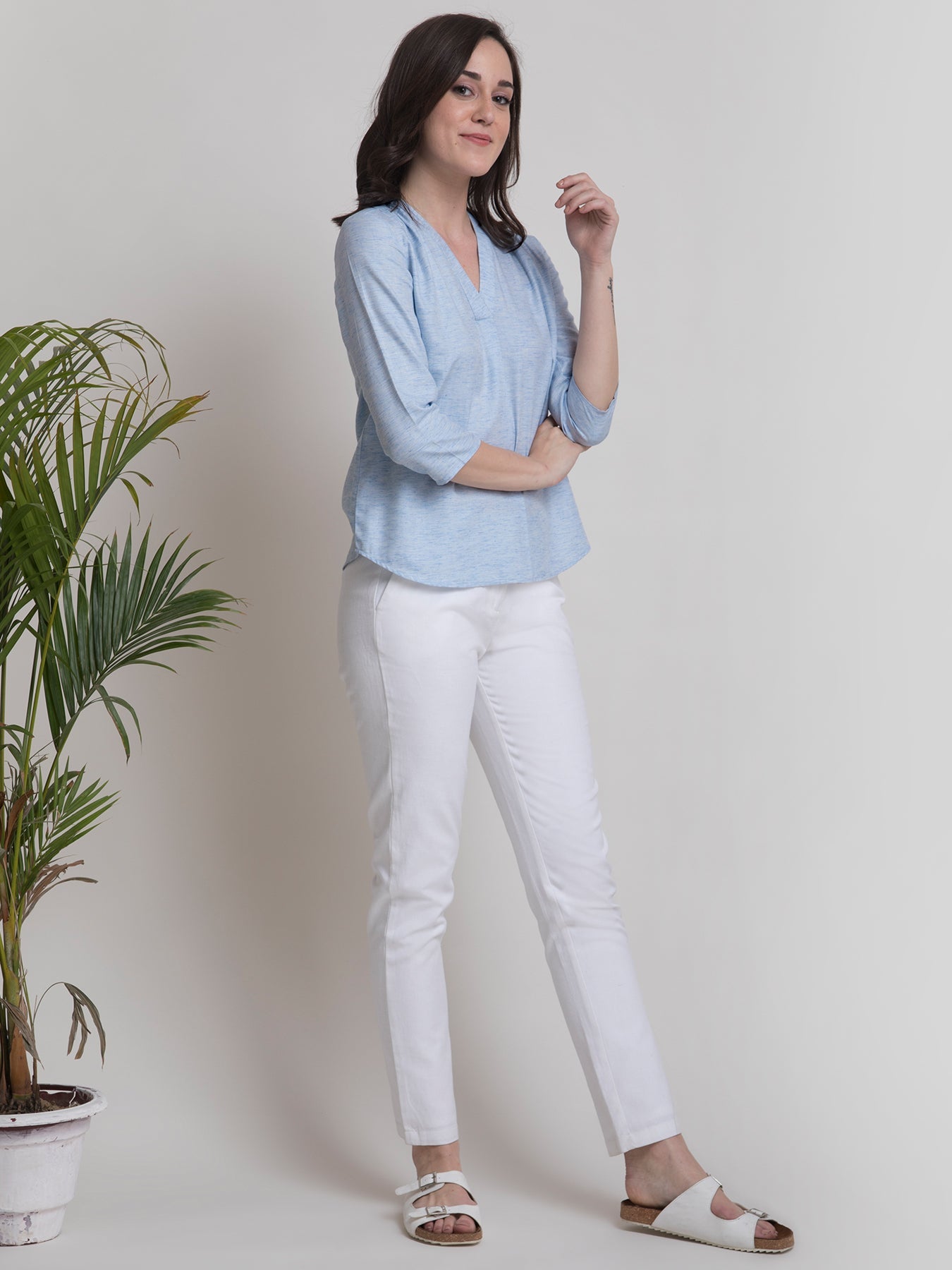 V Neck Textured Pleated Top - Blue