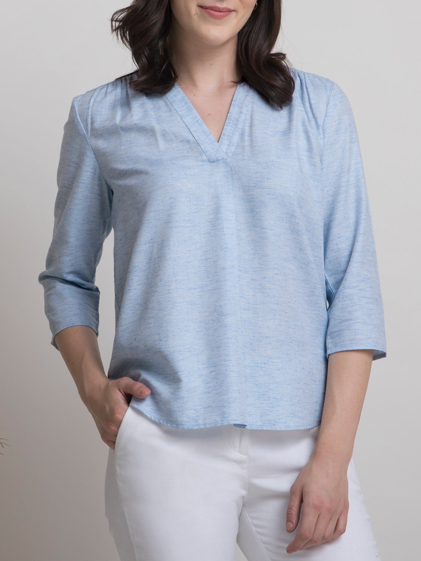 V Neck Textured Pleated Top - Blue