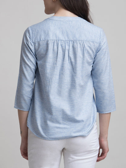 V Neck Textured Pleated Top - Blue