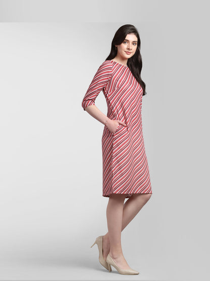 Boat Neck Striped Shift Dress - Pink