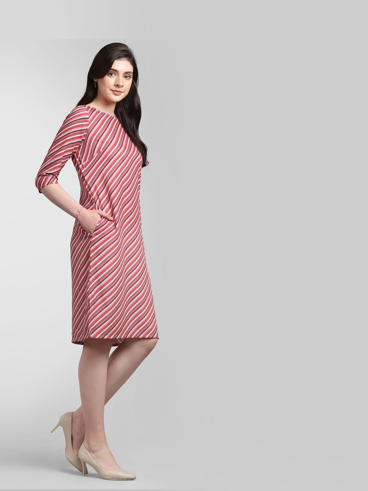 Boat Neck Striped Shift Dress - Pink