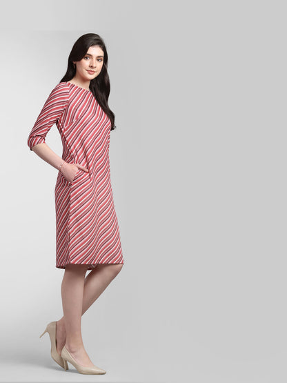 Boat Neck Striped Shift Dress - Pink