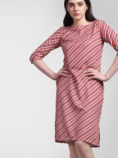 Boat Neck Striped Shift Dress - Pink