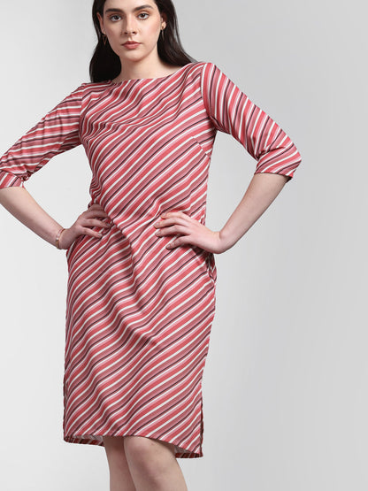 Boat Neck Striped Shift Dress - Pink