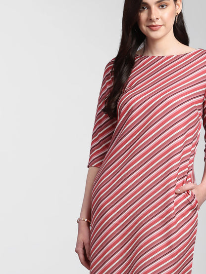Boat Neck Striped Shift Dress - Pink