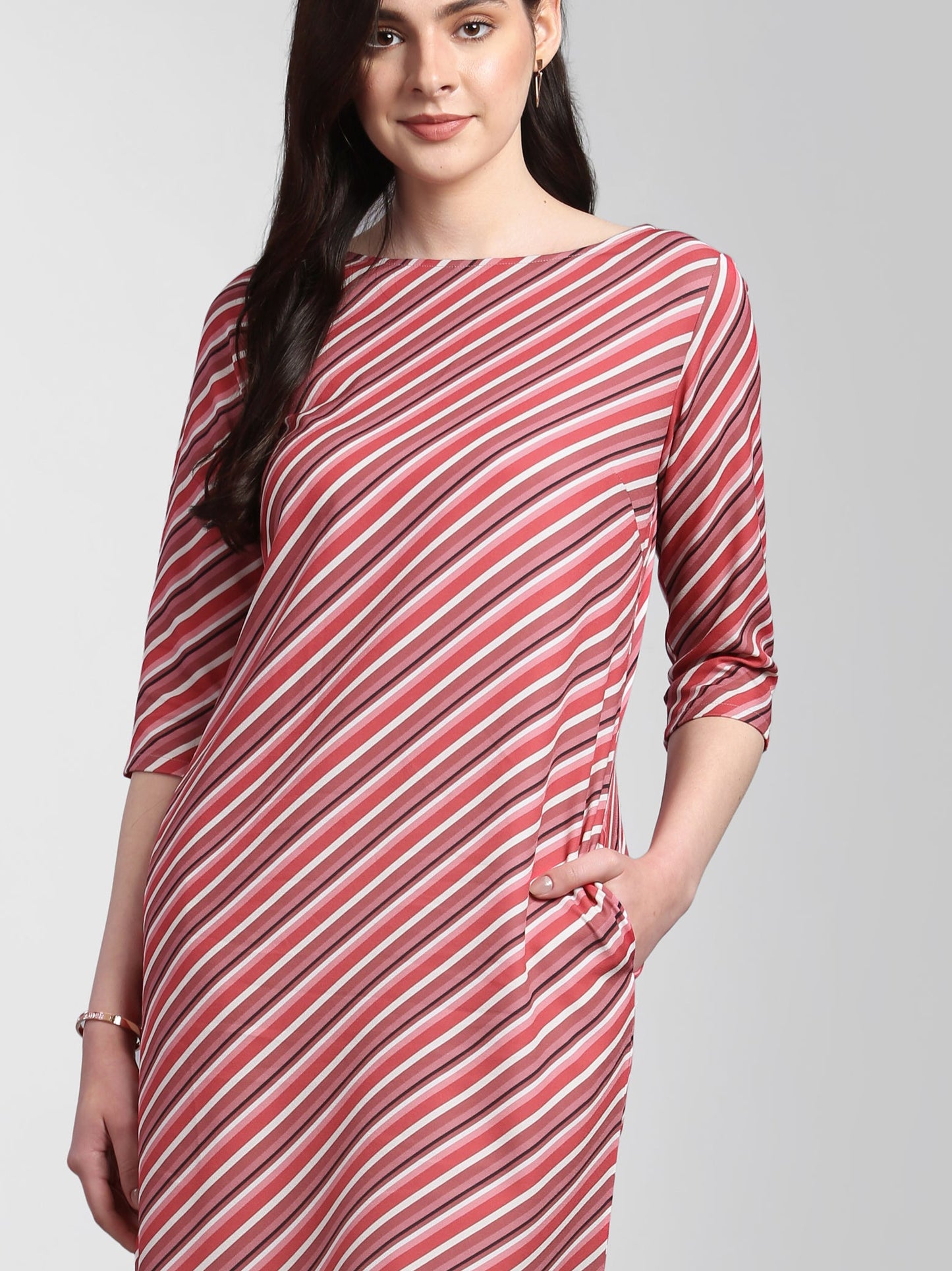 Boat Neck Striped Shift Dress - Pink
