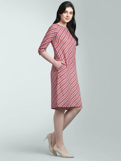 Boat Neck Striped Shift Dress - Pink